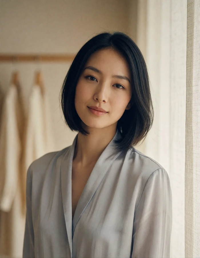 Japanese woman with a sleek bob in a pale grey silk blouse in a bright minimalist studio