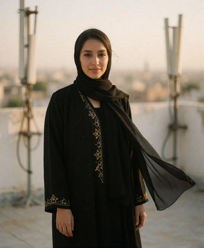 Poised Yemeni woman in a black embroidered abaya on a rooftop terrace at golden hour