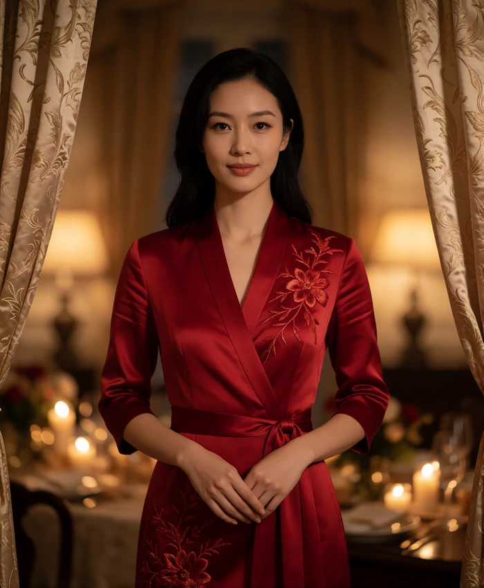 Chinese woman wearing an elegant deep-red silk dress with subtle embroidery in a warm dim interior