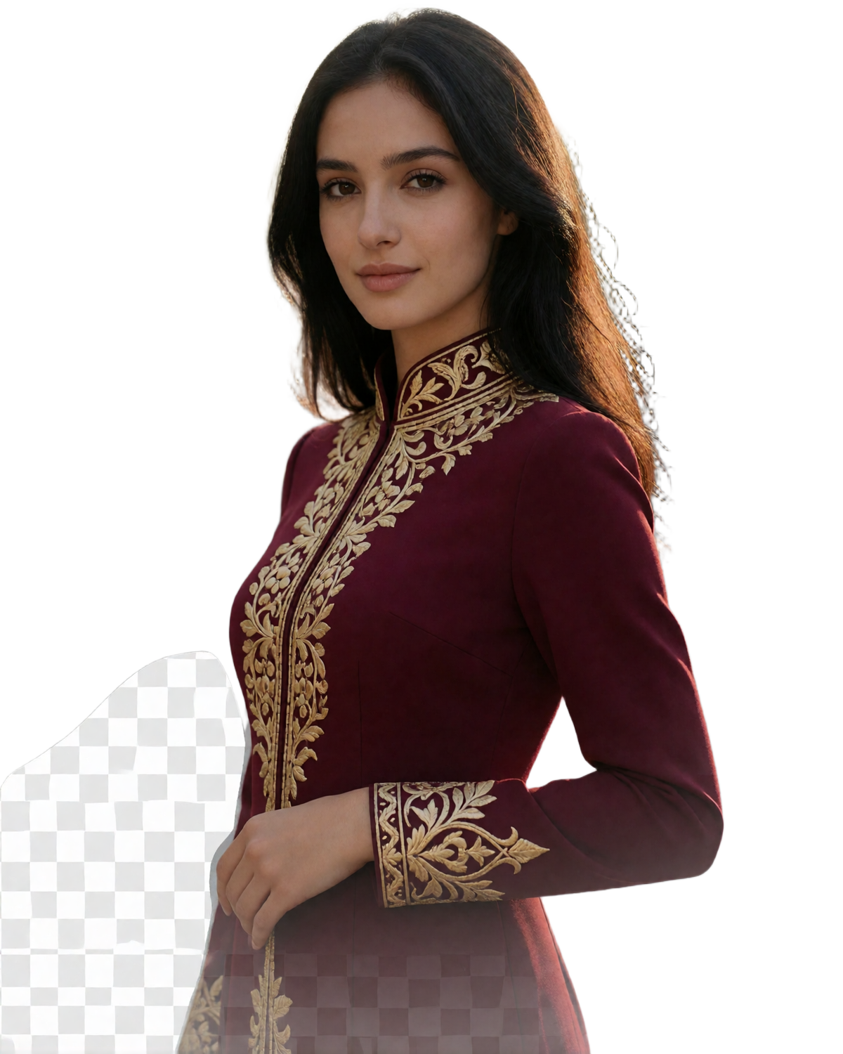 Elegant young Turkmen woman in a burgundy dress with gold-thread embroidery, standing three-quarter turned with a calm smile