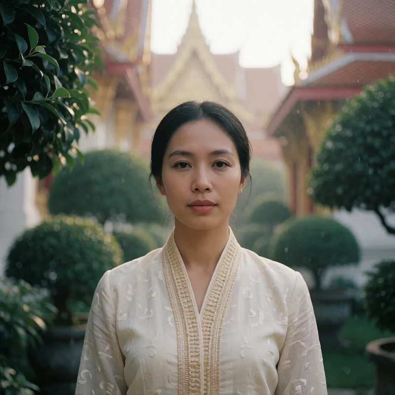 Lao woman standing in a quiet temple garden in soft morning light with a serene expression