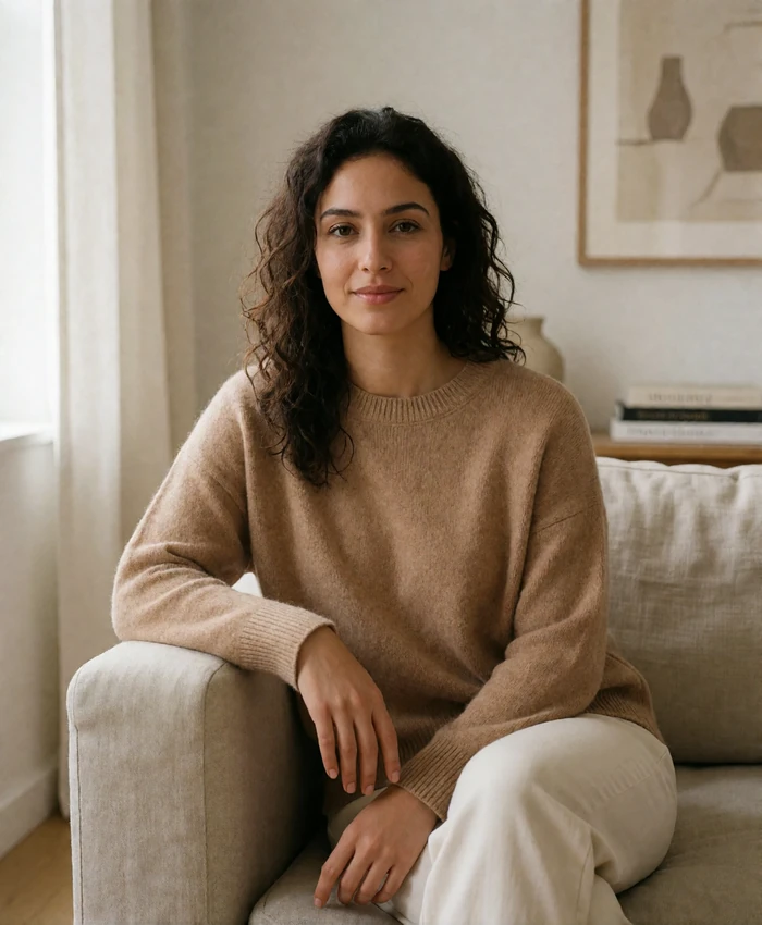 Warm Jordanian woman in a camel sweater seated on a linen sofa in a bright minimal living room