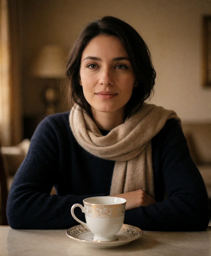 Afghan woman in a beige scarf seated at a small table with a porcelain cup, looking up warmly