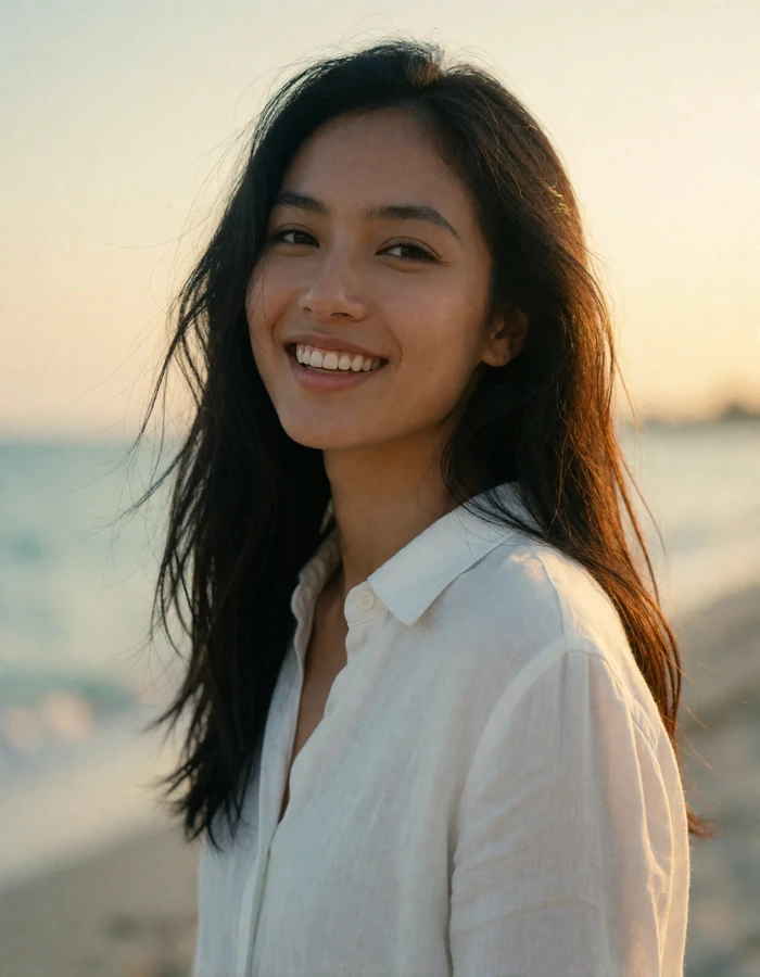 Filipina woman in a white linen shirt on a coastal promenade at golden hour