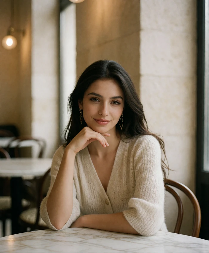 Young Armenian woman with long dark hair and gold earrings smiling softly at a marble café table