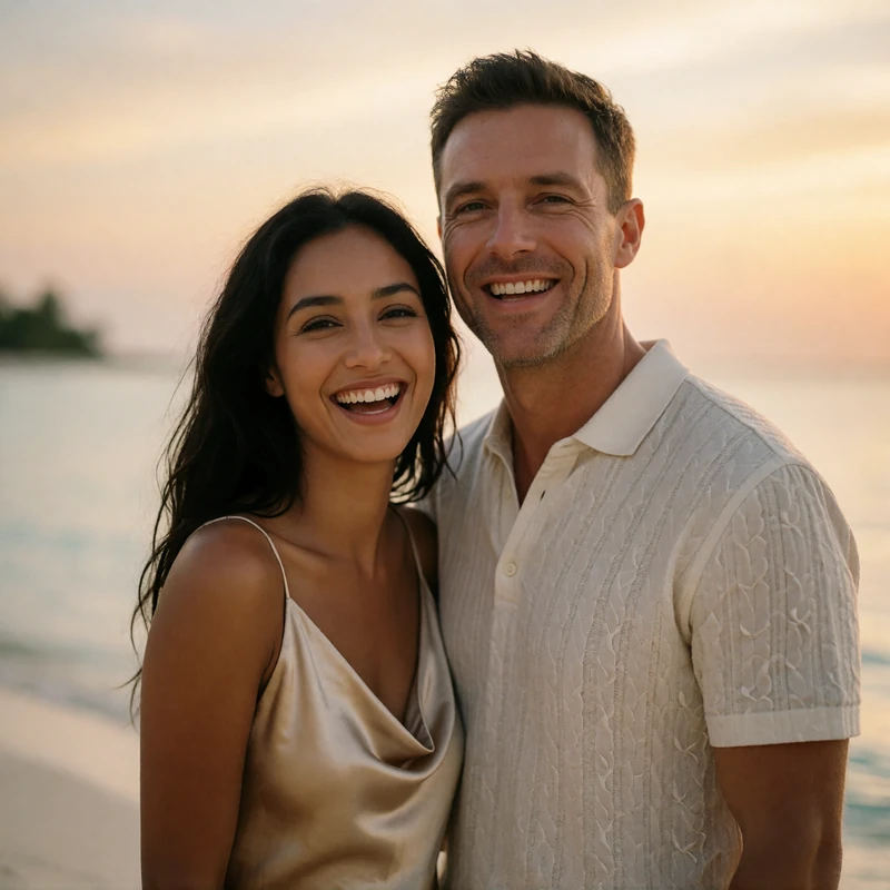 Maldivian woman and Western man standing close together on a quiet shoreline at sunset, laughing naturally