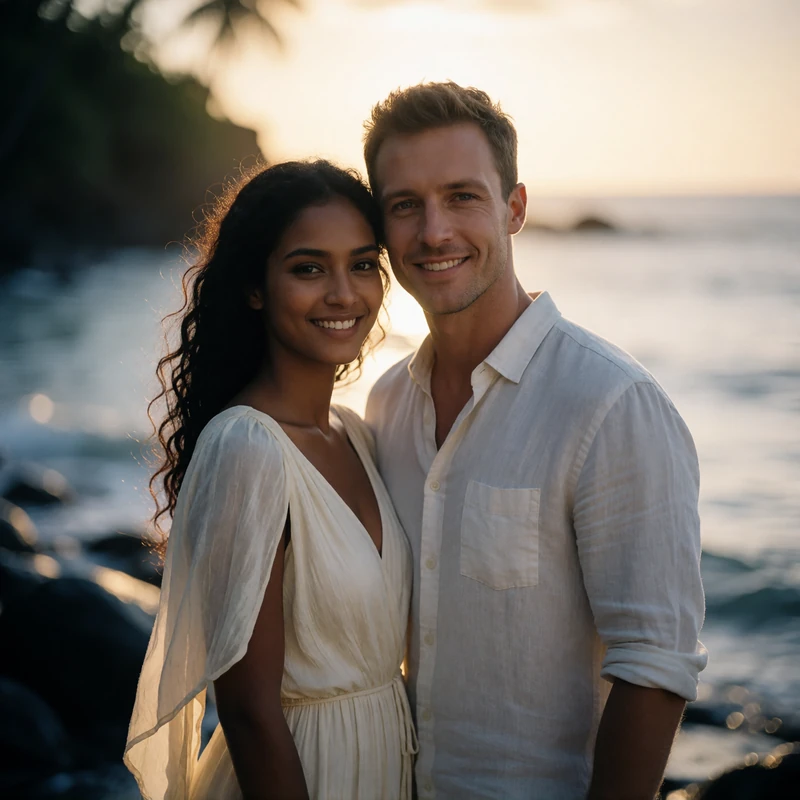 Sri Lankan woman in a light flowing dress beside a Western man on a tropical coastline at sunset