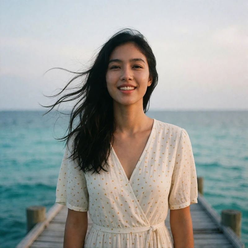 Indonesian woman on a coastal boardwalk with a light breeze lifting her hair and a relaxed joyful expression