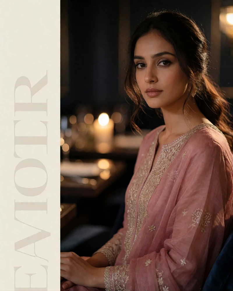 Poised Pakistani woman in a dusty rose kameez seated in a warmly lit fine-dining lounge