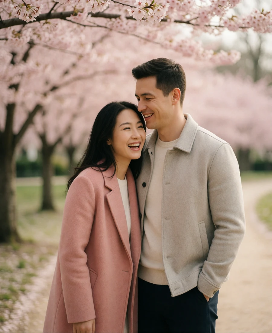 Couple laughing together beneath blossoming cherry trees in a spring park