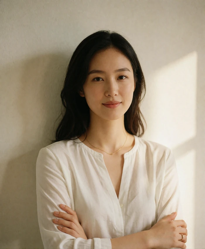 Korean woman in her late twenties smiling naturally against a plain sunlit wall, wearing a white shirt with a fine gold chain