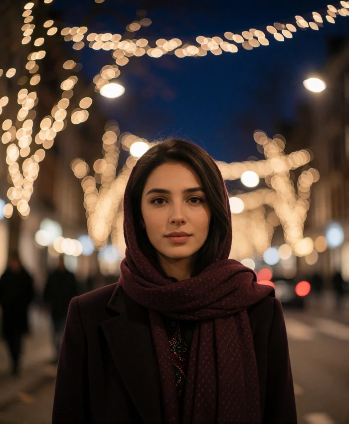 Afghan woman in a burgundy scarf standing on a quiet city street at dusk with warm bokeh lights