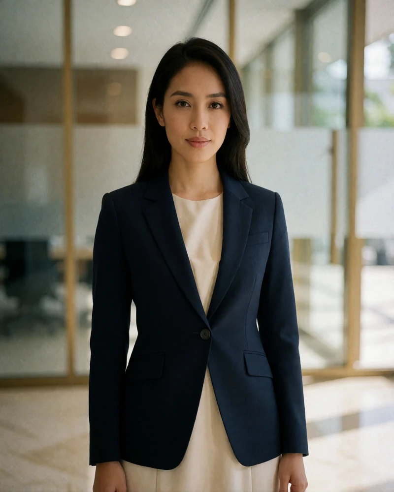 Professional Filipina woman in a tailored navy blazer standing in a bright modern office lobby