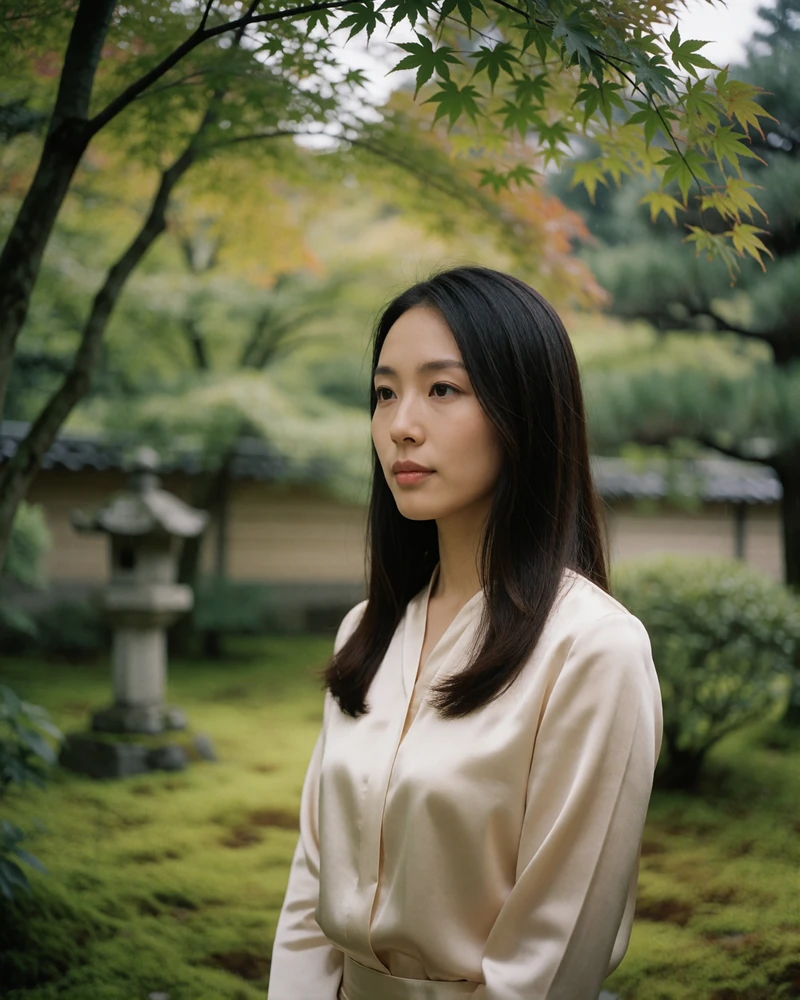 Serene Japanese woman in her early thirties with long straight hair standing in a quiet temple garden in Kyoto