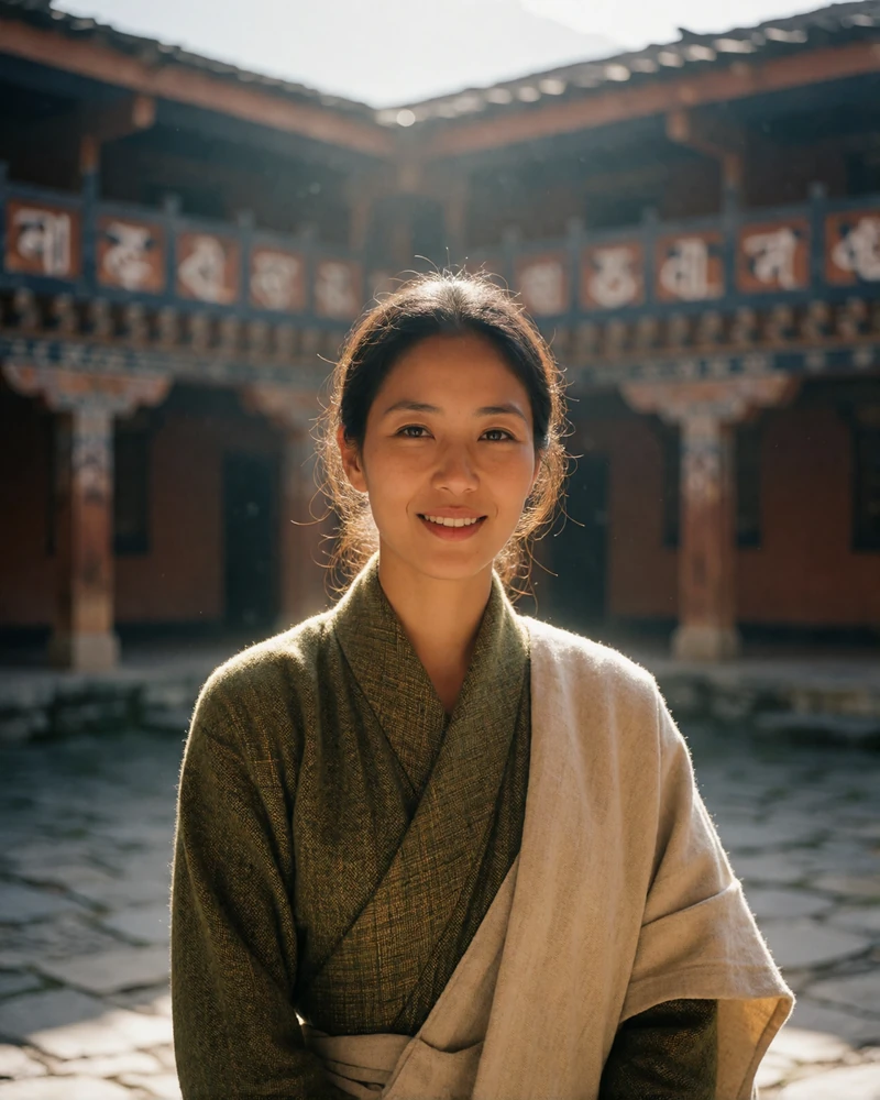 Smiling Bhutanese woman standing in a sunlit stone courtyard wearing an olive green woven wrap