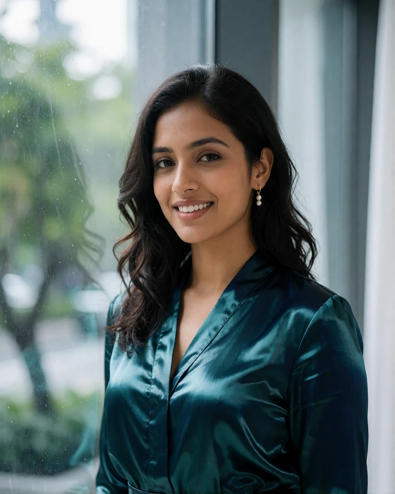 Singaporean Indian woman in her late twenties with wavy hair standing by a window with soft natural light