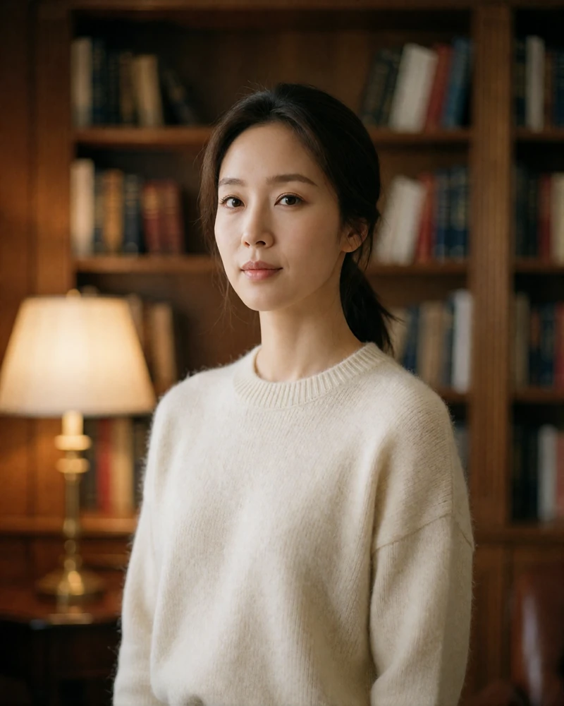 Thoughtful Korean woman in her early thirties with hair tied back, wearing cream knitwear in a warm wood-panelled reading room