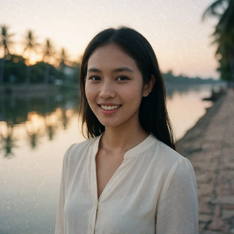 Khmer woman in her late twenties smiling on a riverfront promenade at golden hour