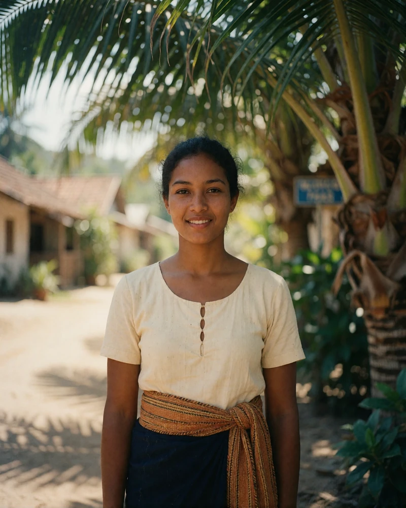 Timorese woman in her mid-twenties wearing an ochre woven sash beneath palm shade in Liquiçá