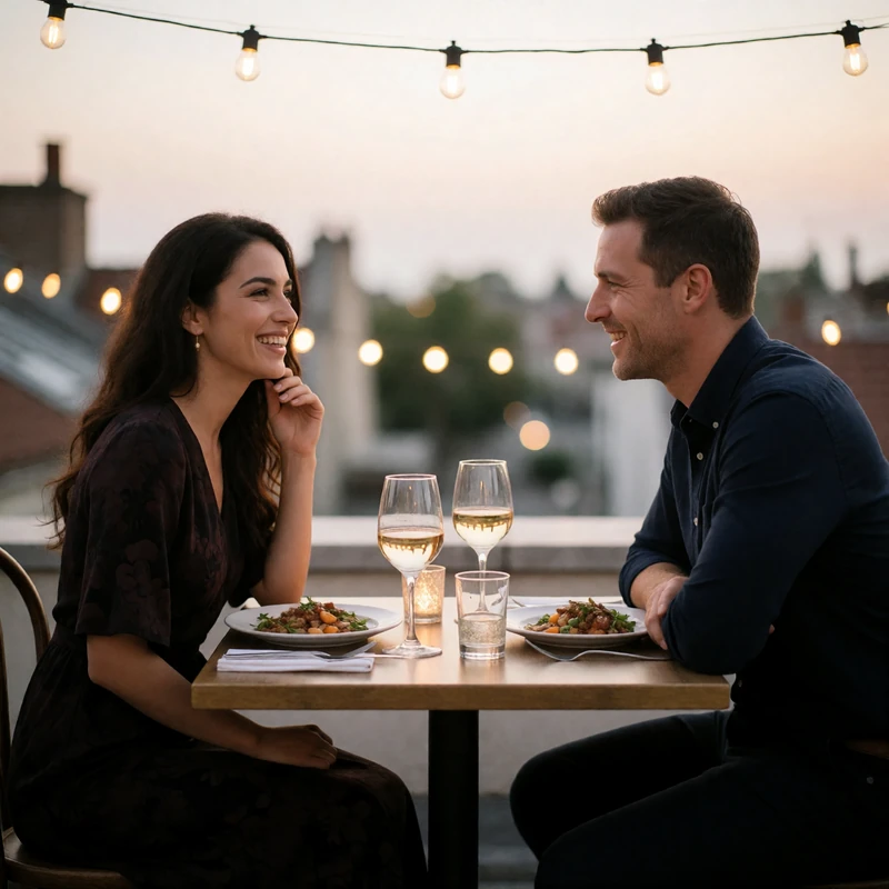 Jordanian woman in an elegant dark dress and a Western man in a navy shirt sharing dinner at a rooftop table at dusk