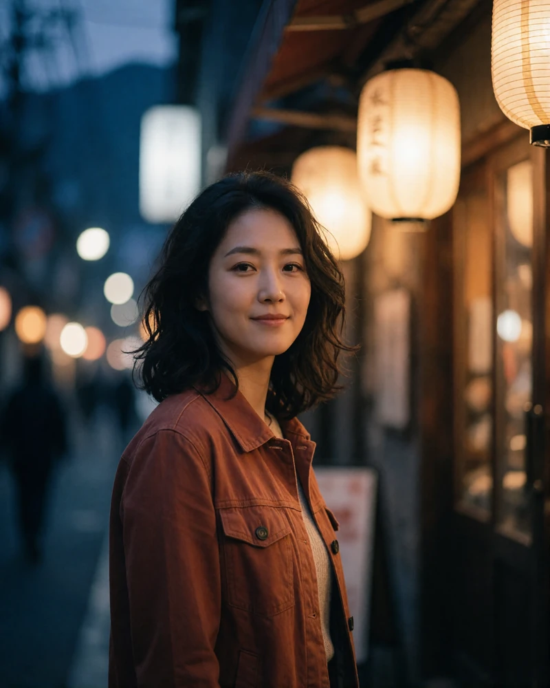 Korean woman in her early thirties with wavy dark hair, wearing a rust-toned jacket in an evening street with warm lantern light