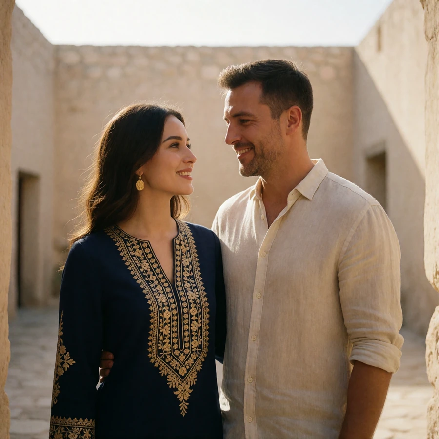 Turkmen woman in an embroidered dress standing close beside a Western man in a sunlit stone courtyard, both smiling