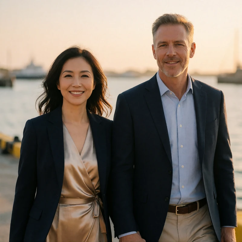 Taiwanese woman and a Western man walking close together along a harbor promenade at golden hour, smiling toward the camera
