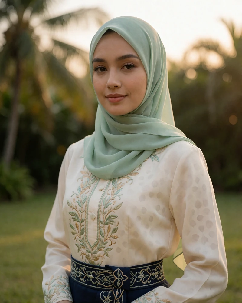 Malay woman in a pastel green headscarf and embroidered baju kurung smiling outdoors at golden hour