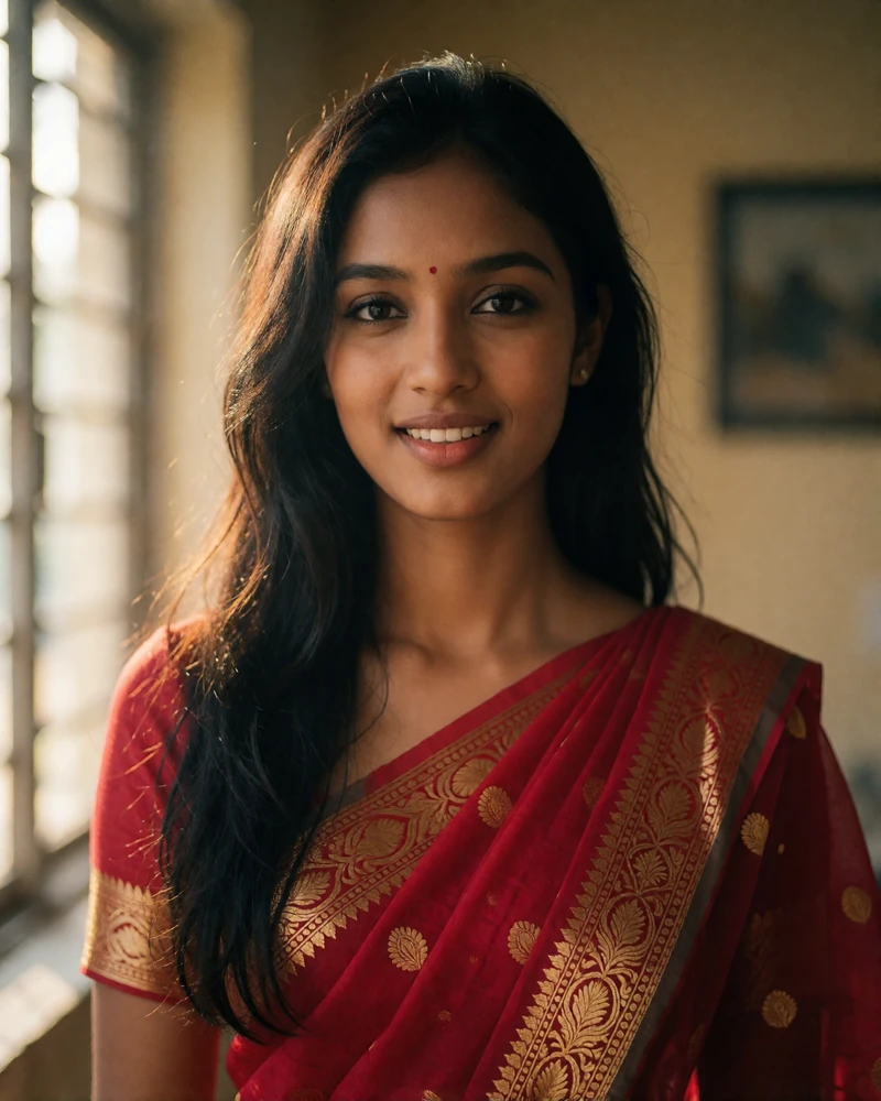 Young Bangladeshi woman with long dark hair wearing a crimson saree with gold border, smiling softly