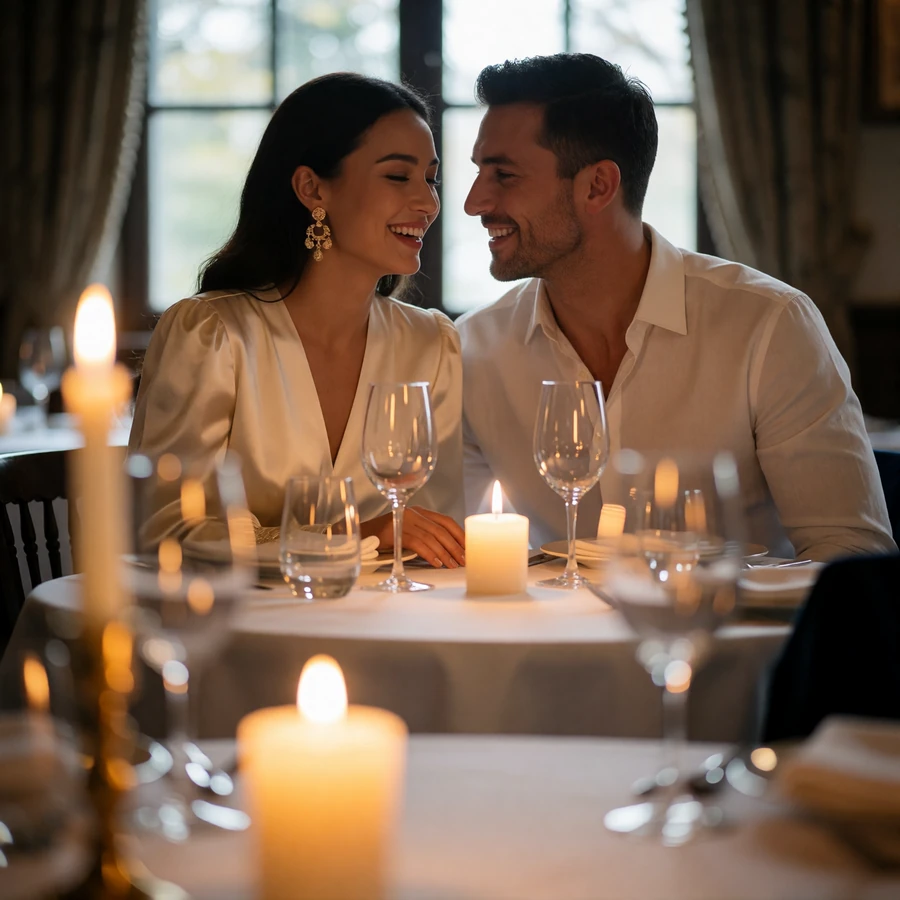 Kazakh woman in a cream dress laughing softly beside a Western man at a candlelit dinner table