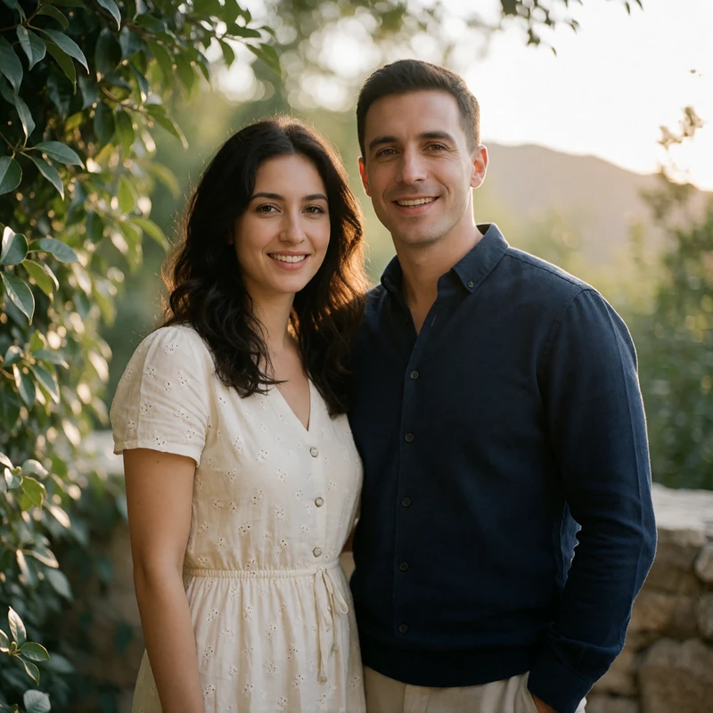 Armenian woman with dark wavy hair and a Western man standing close together outdoors in warm late-afternoon light