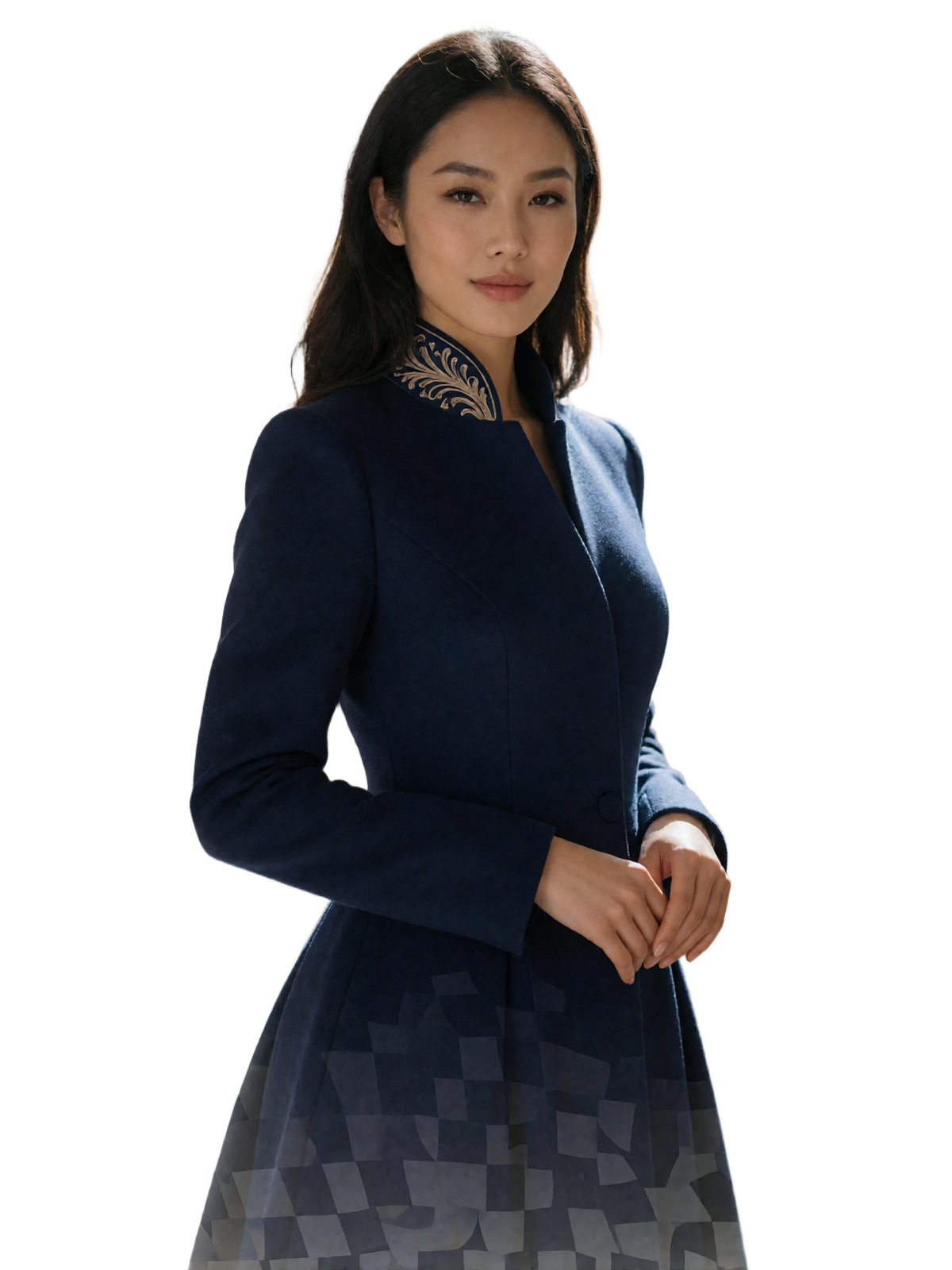 Poised Mongolian woman in a tailored sapphire coat with champagne embroidery, smiling with natural eye contact