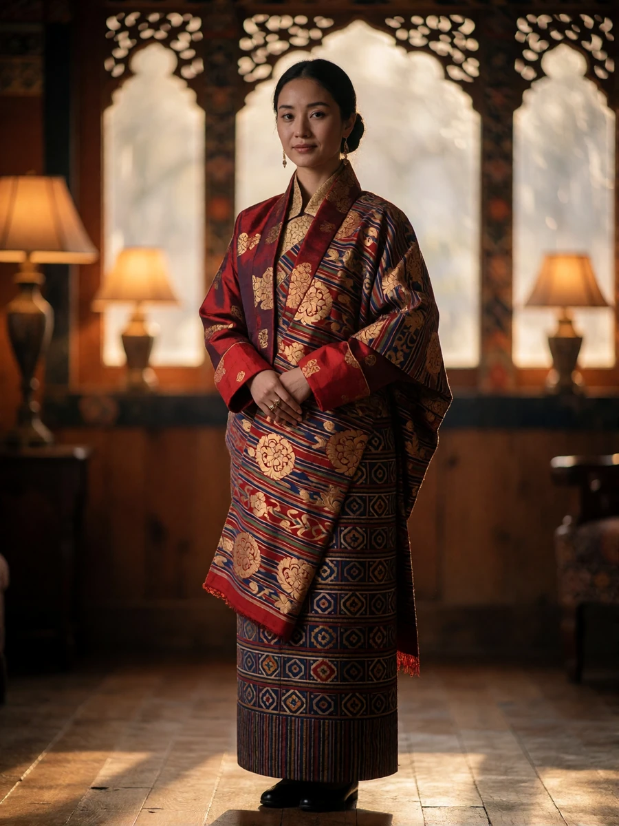 Full-length portrait of a Bhutanese woman in an ornate handwoven kira and silk jacket standing in a warm wooden interior