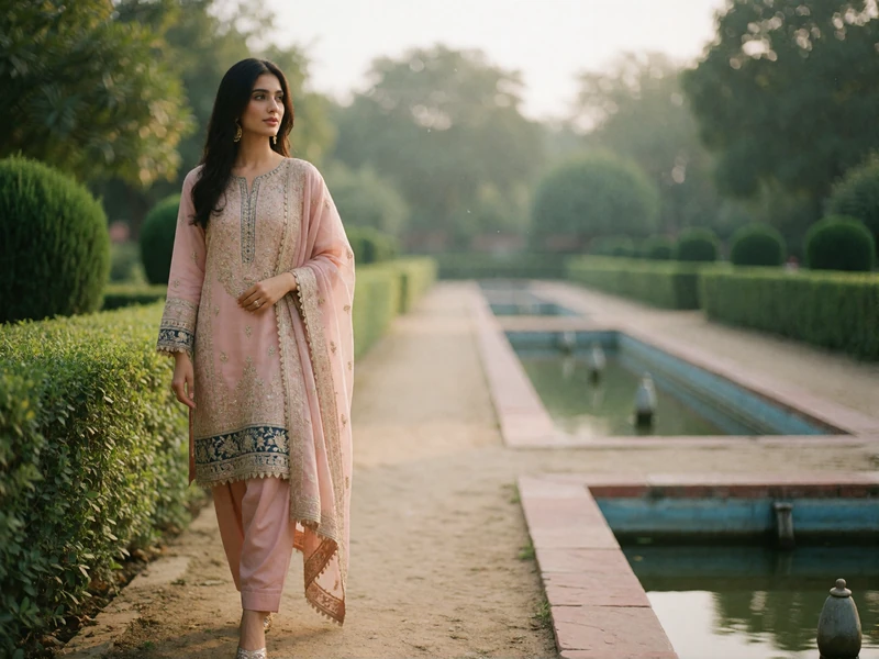 Pakistani woman in embroidered pastel shalwar kameez walking through a formal Mughal-style garden path