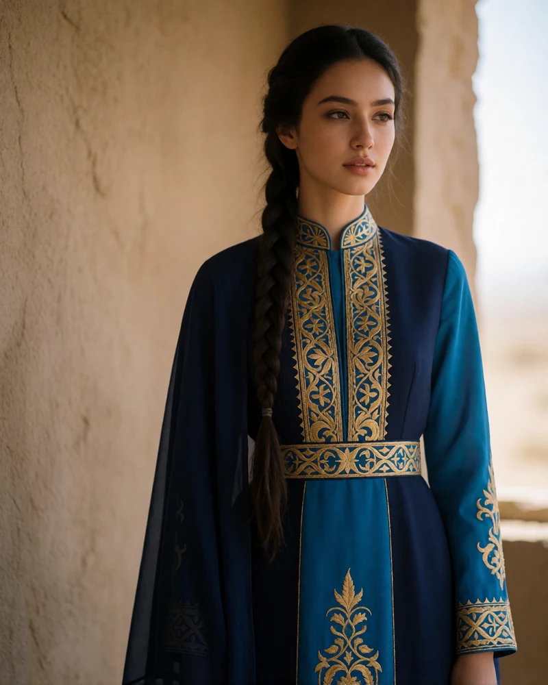 Tajik woman wearing a modern version of traditional dress in vivid blue and gold embroidery, serene expression
