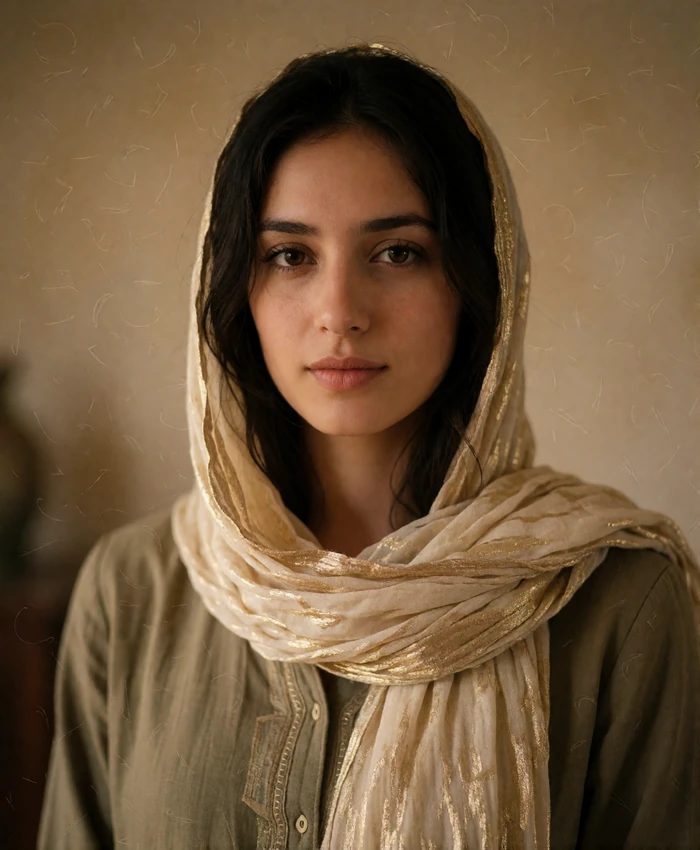 Young Afghan woman with a loosely draped cream headscarf and calm gentle smile, warm neutral background