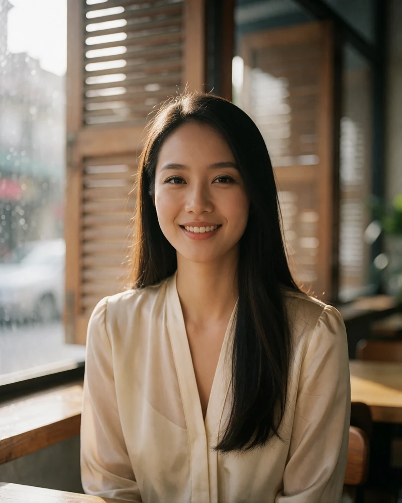 Softly smiling Vietnamese woman in a cream blouse seated by a window in a quiet modern coffee house