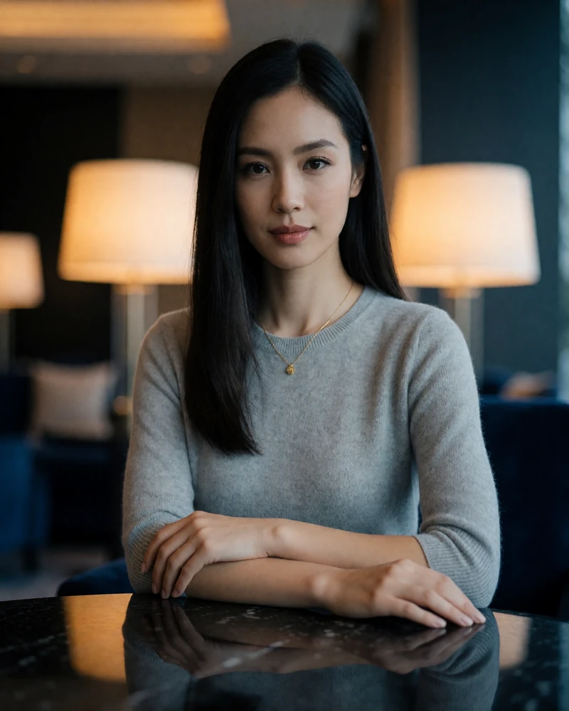 Singaporean woman in her early thirties with long dark hair seated in a warmly lit hotel lounge