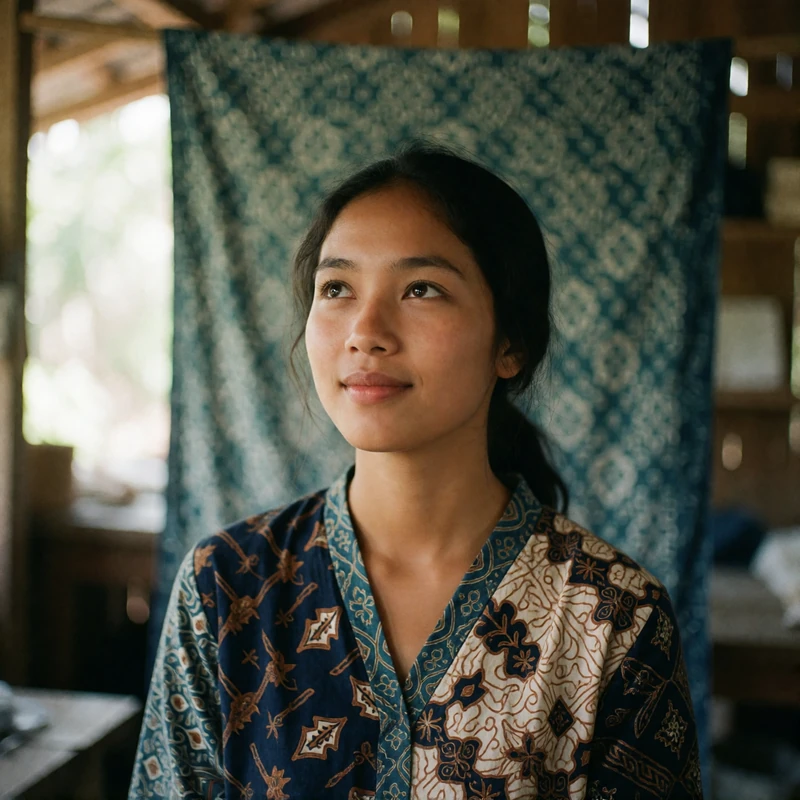 Young Indonesian woman glancing up with a quiet smile inside a bright batik workshop with patterned cloth softly out of focus