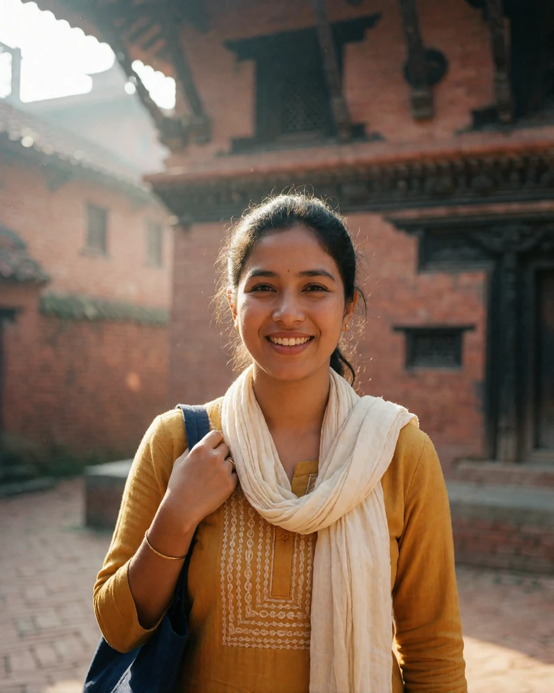 Smiling Nepalese woman standing in a sunlit brick courtyard wearing a mustard kurta with a light scarf
