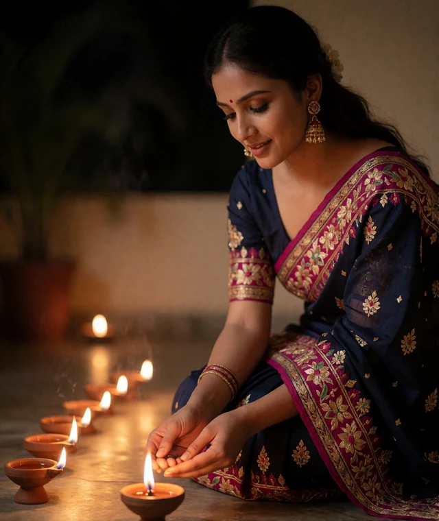 Indian woman in an embroidered saree kneeling beside rows of small clay oil lamps during Diwali