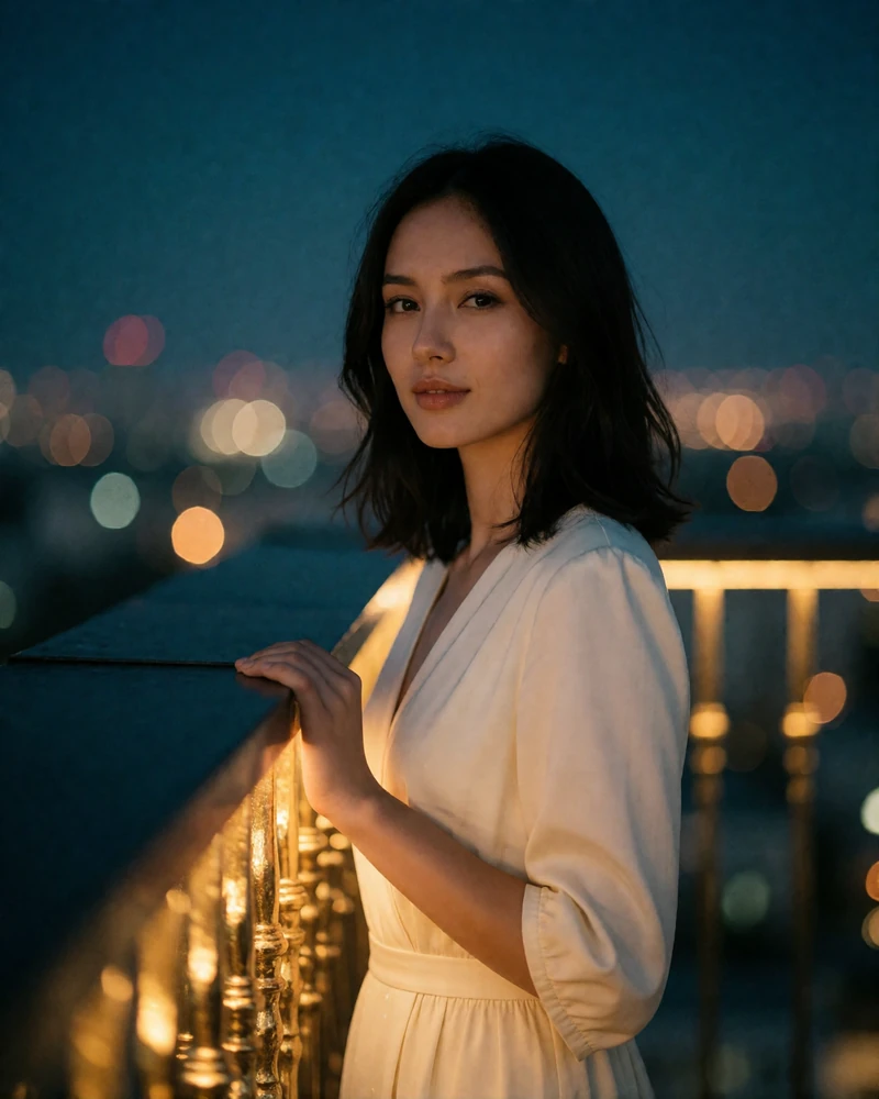 Kazakh woman with shoulder-length dark hair resting her hand on a railing on a rooftop terrace at dusk
