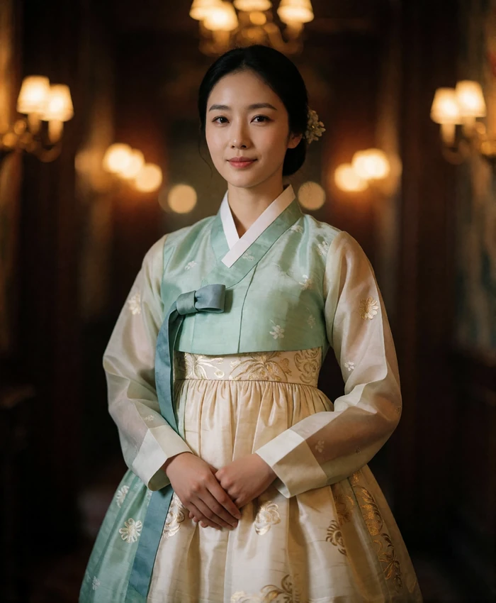 Korean woman wearing an elegant traditional dress in jade and cream, standing with hands folded and a serene smile in a warm interior
