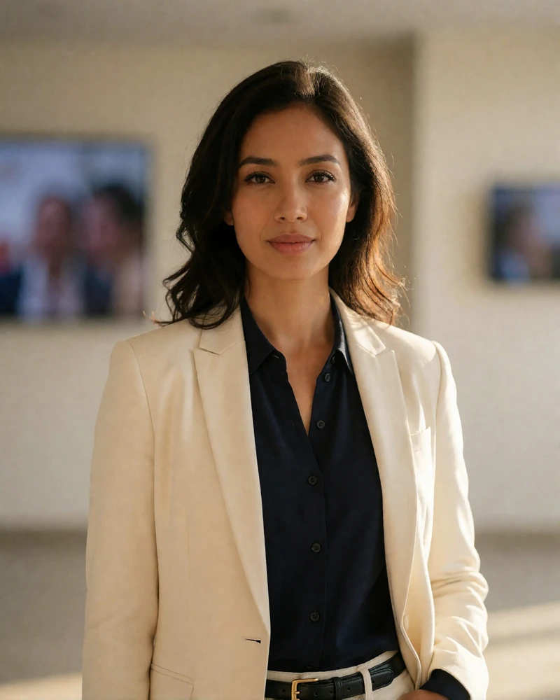 Educated Nepalese woman in modern professional attire standing in a bright contemporary interior with a relaxed posture