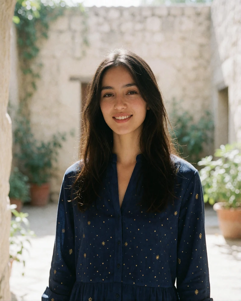Young Tajik woman with long dark hair smiling warmly in a sunlit stone courtyard