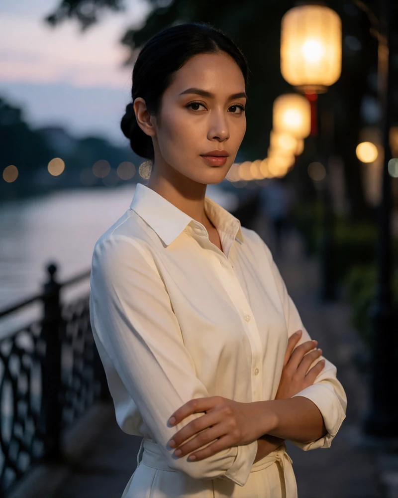 Malaysian woman in a tailored ivory shirt standing on a riverside walkway at dusk with lantern glow behind her