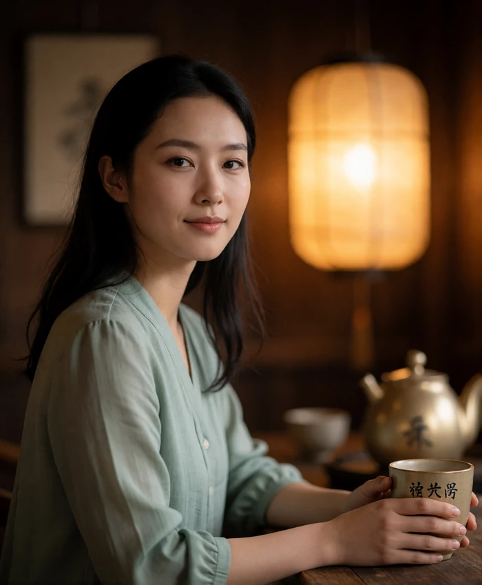 Chinese woman in her late twenties seated in a warm wooden tea house interior with a gentle smile