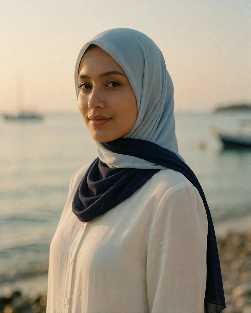 Bruneian woman in her mid-twenties wearing a pale blue headscarf standing near a calm coastline at golden hour