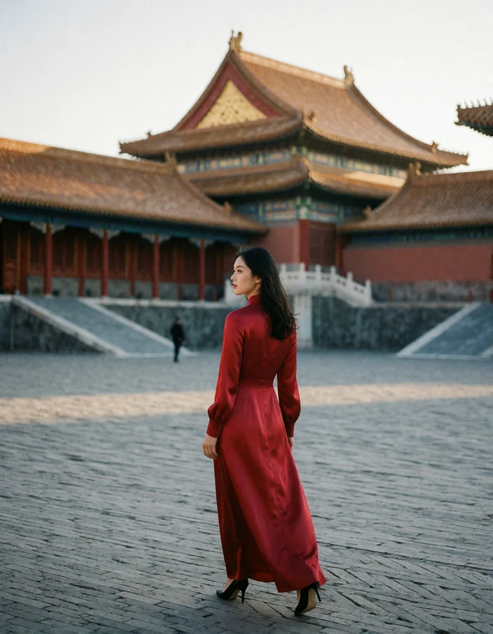 Chinese woman in a long deep-red silk dress crossing a historic palace courtyard