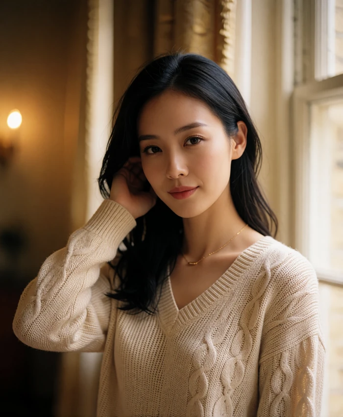 Chinese woman near a tall window in a softly lit interior, tucking hair behind her ear with a warm smile